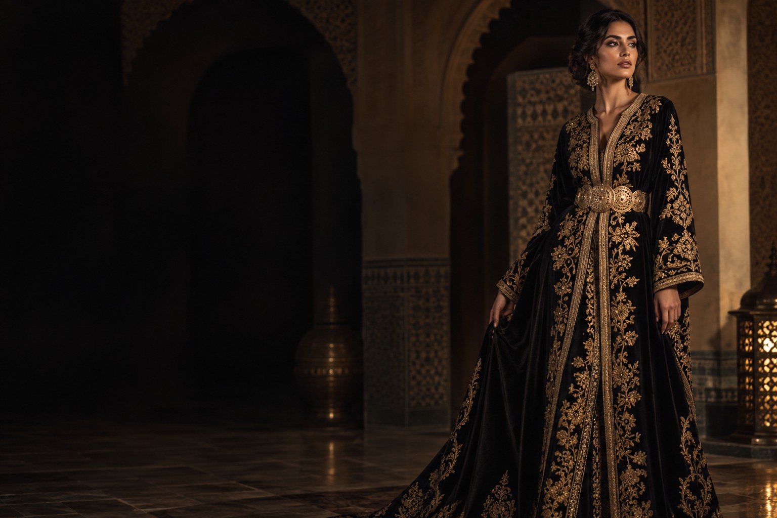 Création visuelle : caftan noir aux broderies dorées, porté dans un décor marocain
